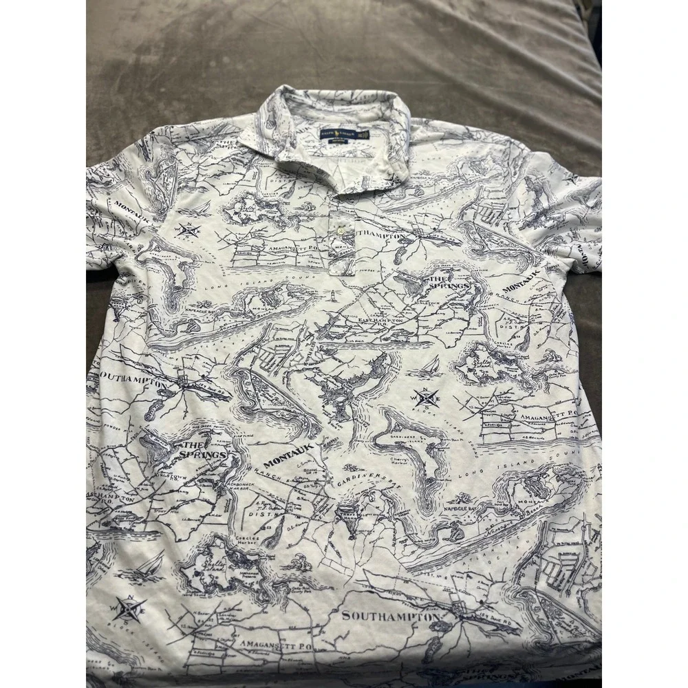 Ralph Lauren Mens 2XLT Knit Oxford Polo Shirt Hamptons Map Montauk White Navy